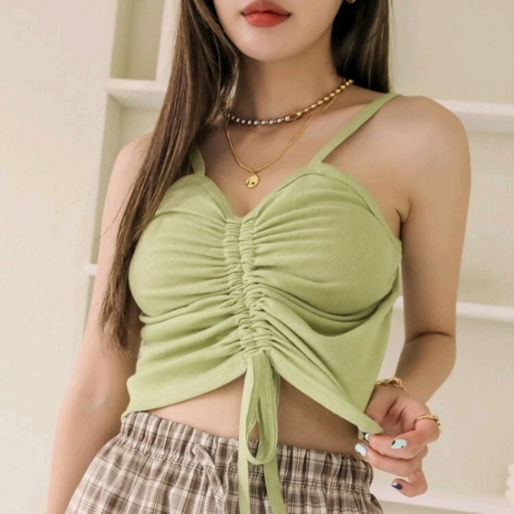 Dazy Adjustable Rouched Drawstring Tank Sage Green